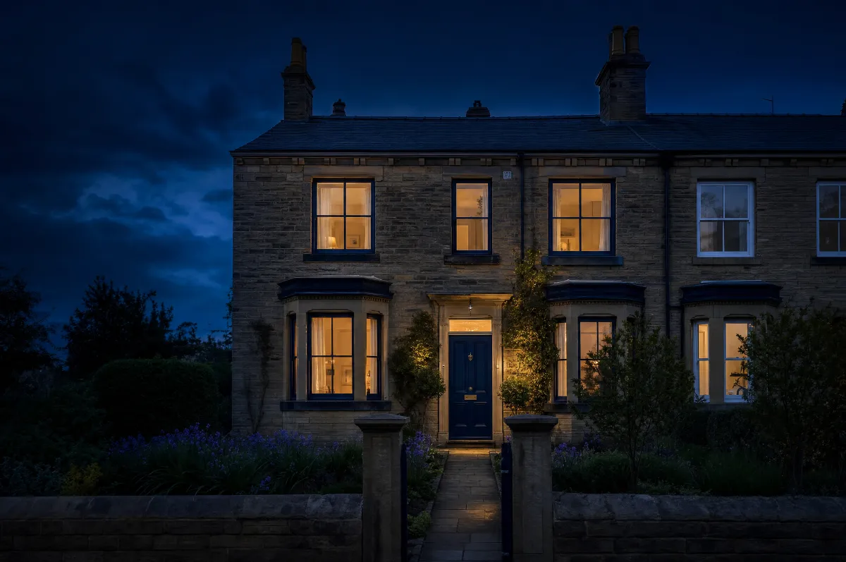 A Yorkshire stone semi-detached house with a navy front door at dusk